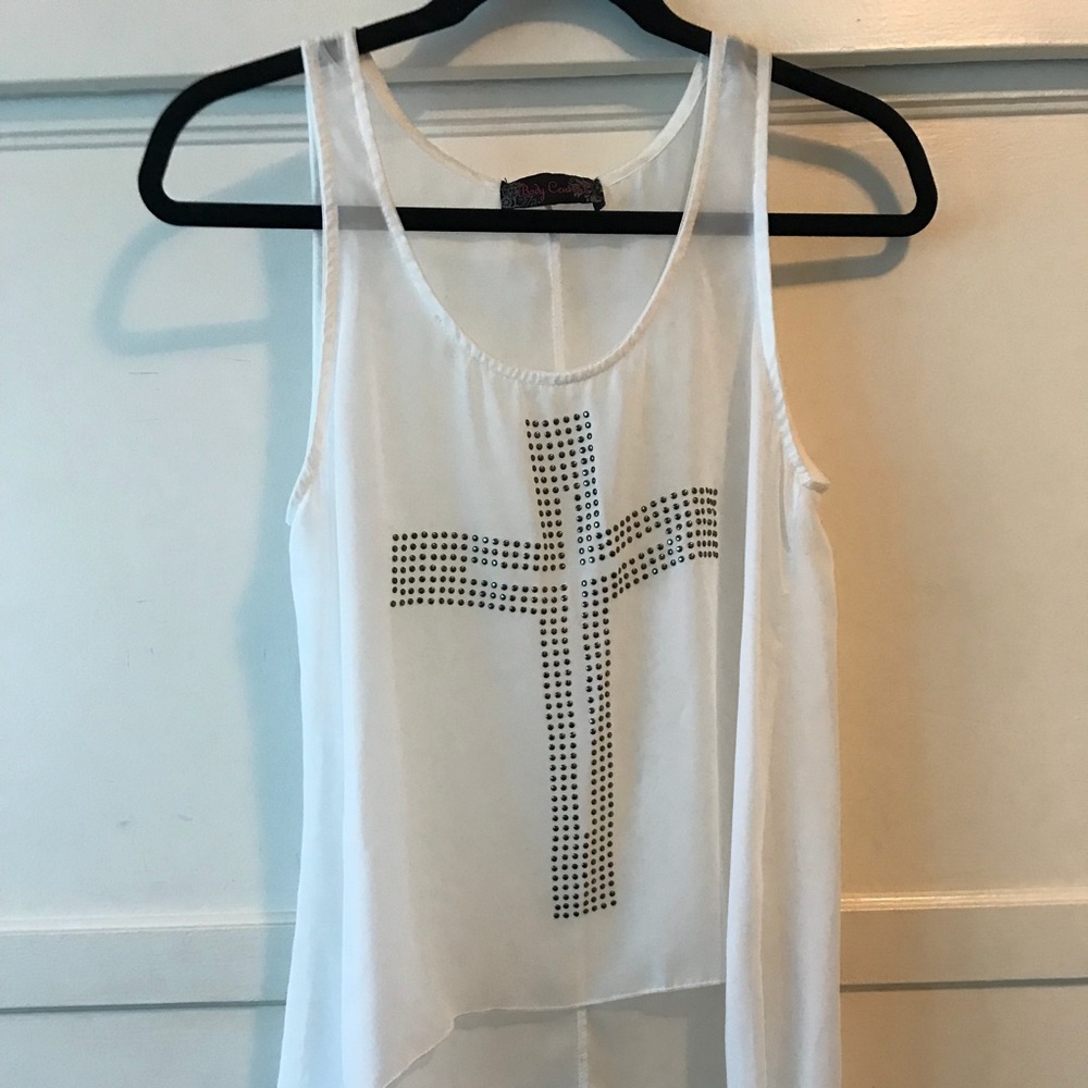 Sheer white high low tank top with beaded cross ✝️
